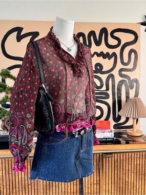 Y2K Candie’s Sheer Paisley Boho Ruffle Blouse Pink Burgundy Size S